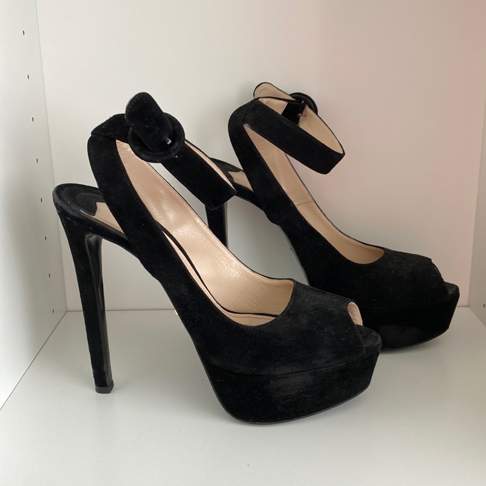 Prada Ankle Strap Sandas Heels Black Suede 37.5